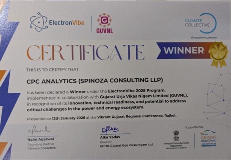 ElectronVibe 2025 winner certificate awarded to CPC Analytics (Spinoza Consulting LLP)
